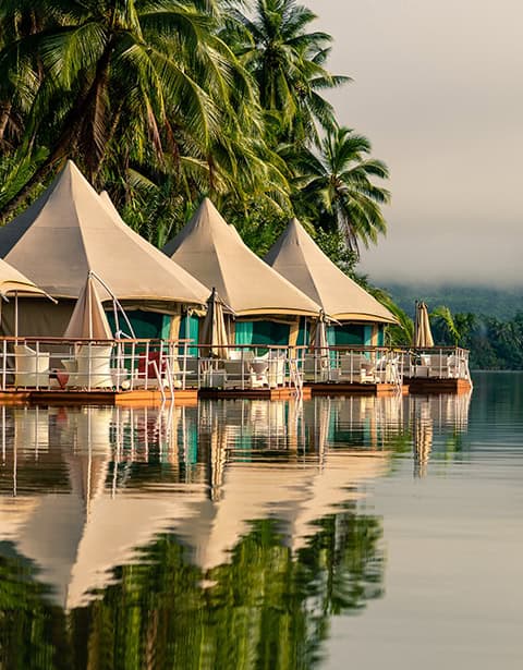 Floating tent villa accommodation on the Tatai River at Canvas & Orchids Retreat in Koh Kong, Cambodia