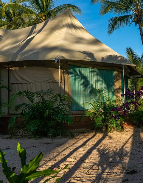 Island double tent at Canvas & Orchids Retreat in Koh Kong, Cambodia, surrounded by tropical garden