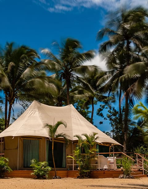 Island family tent at Canvas & Orchids Retreat in Koh Kong, Cambodia, surrounded by tropical palms